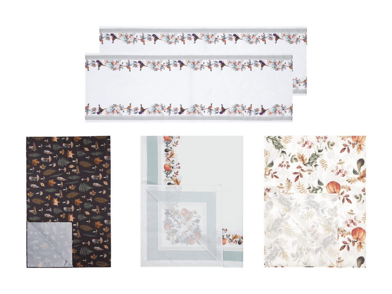 Tischdecken und Servietten mit Herbst- und Fasanenmotiven.