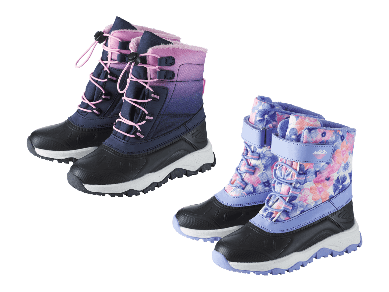 Kaksi paria lasten talvisaappaita: toiset liukuvärjätyt ja toiset kukkakuviolliset.