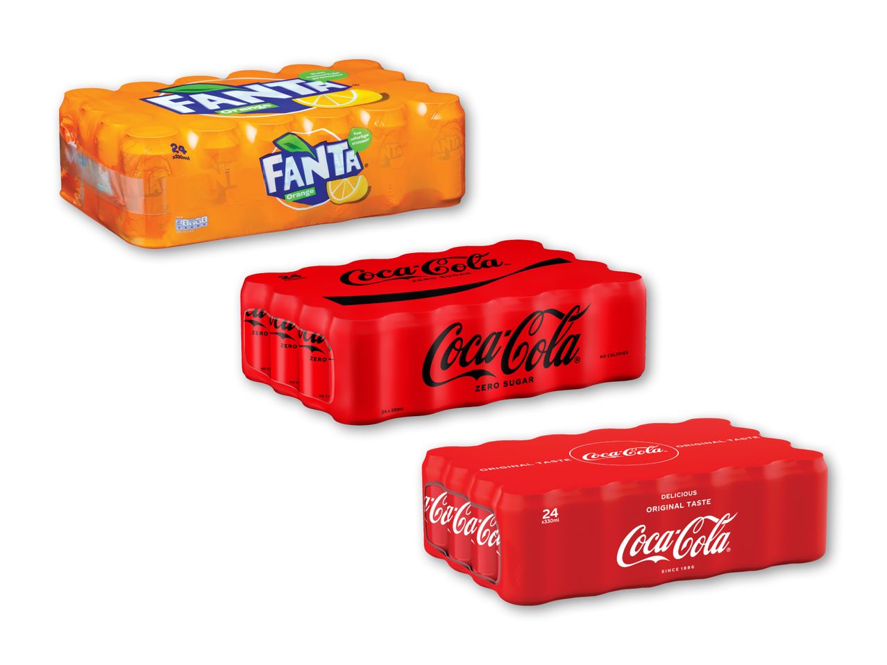 Pakker med Coca-Cola og Fanta sodavand.