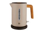 Beige electric kettle with a wooden handle and a water level indicator, on a black base.