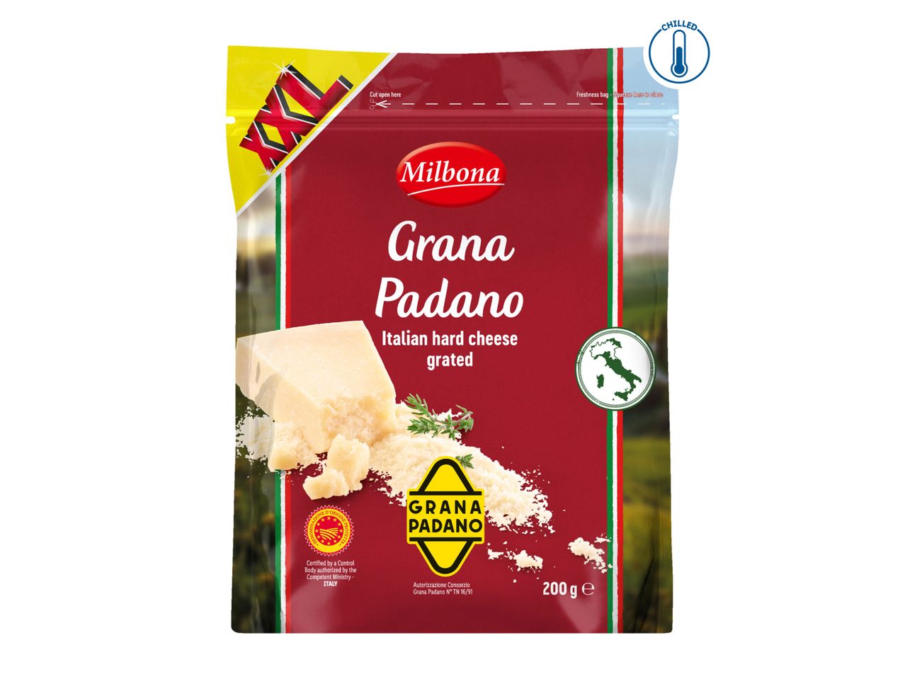 Milbona Grana Padano Italian hard cheese, grated, 200g.