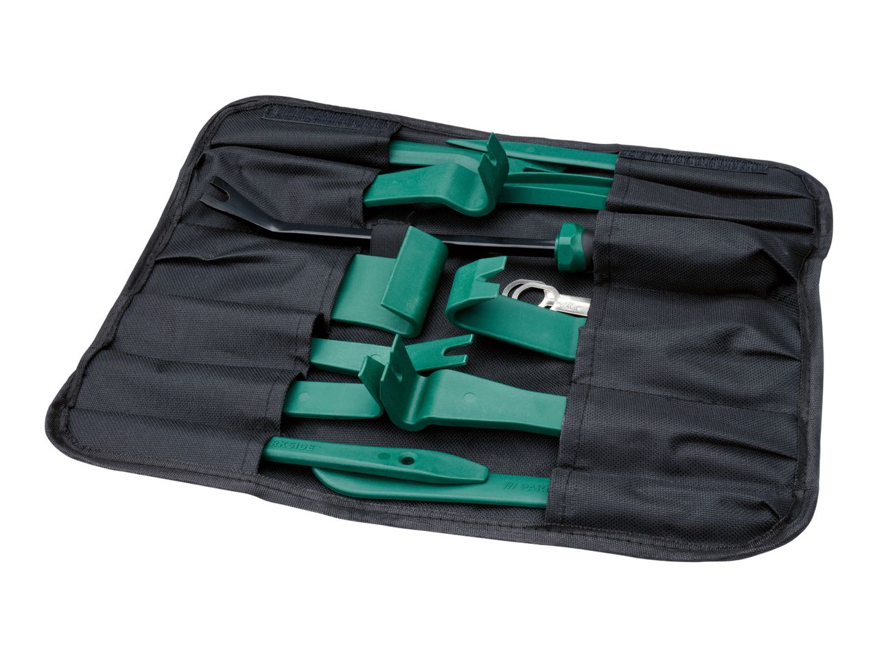 A black nylon tool roll containing a set of green plastic trim removal tools.