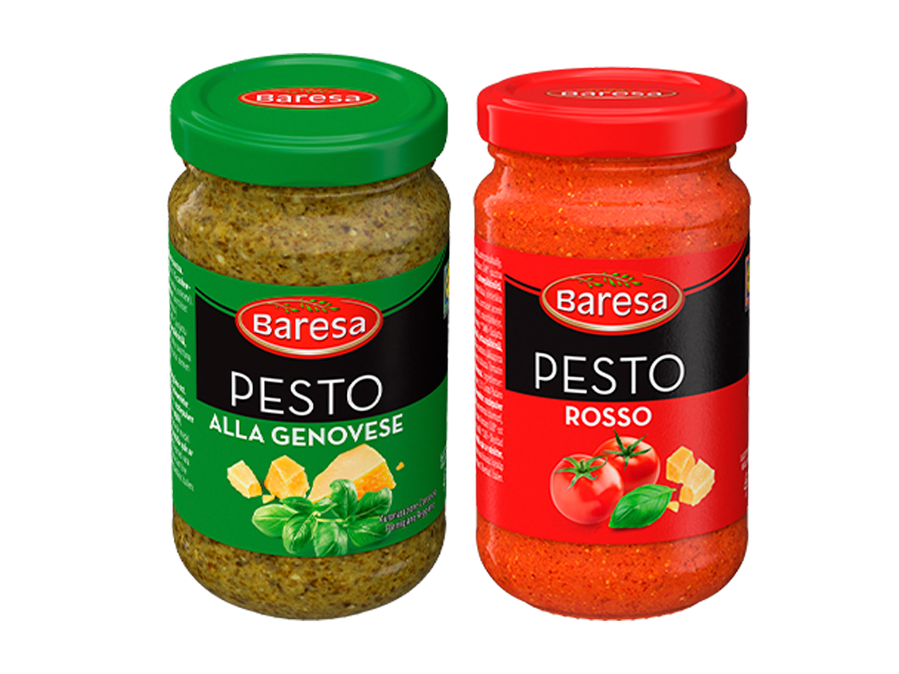 Kaksi purkkia pestoa: vihreä pesto genovalaisittain ja punainen pesto rosso.