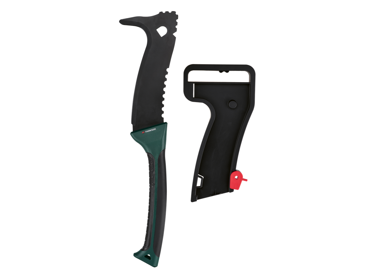 Griešanas instrumenti: zobains asmens ar zaļu rokturi un melnu korpusu.