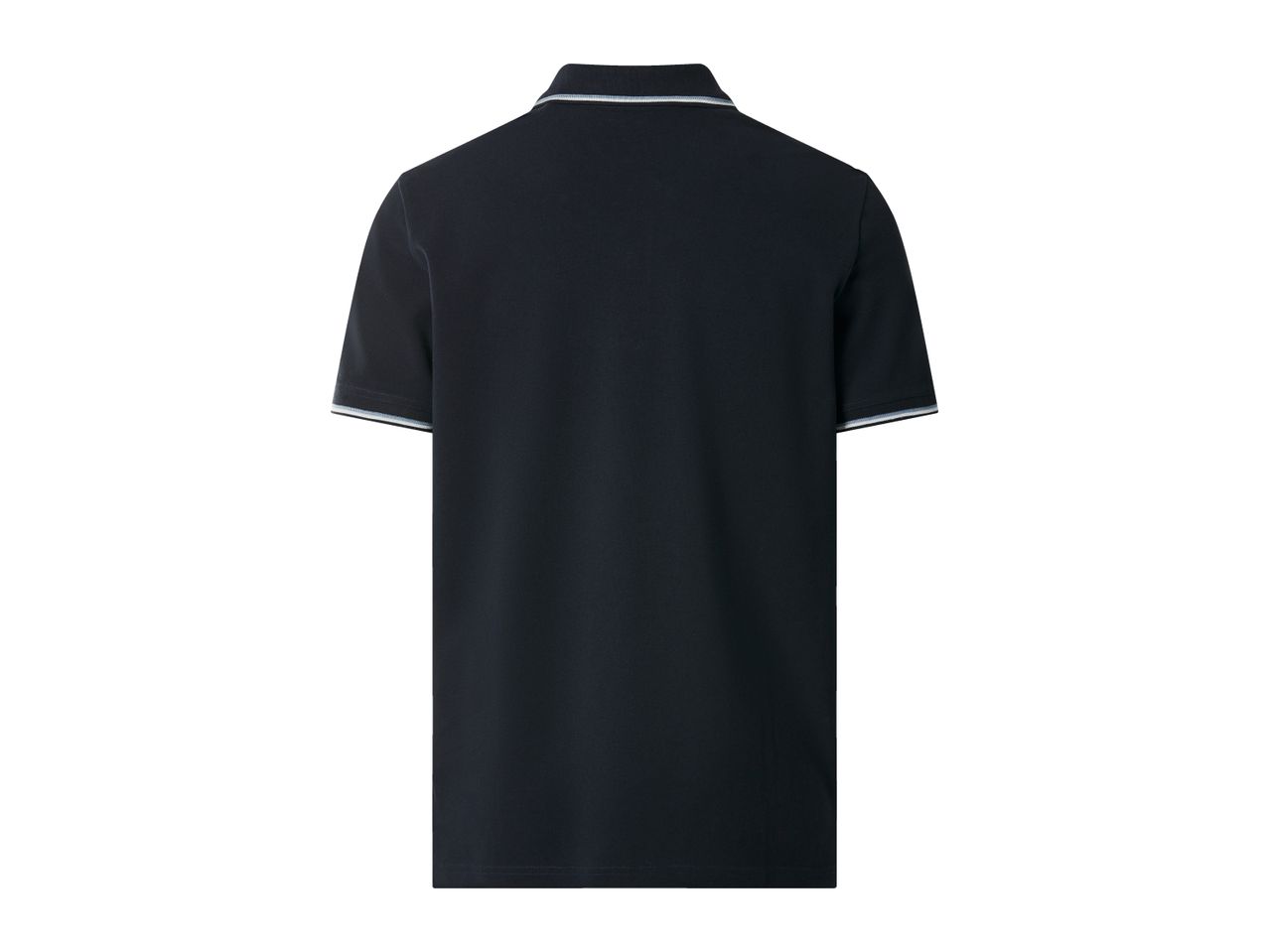 Men's dark blue polo shirt with striped collar and cuffs, back view.
