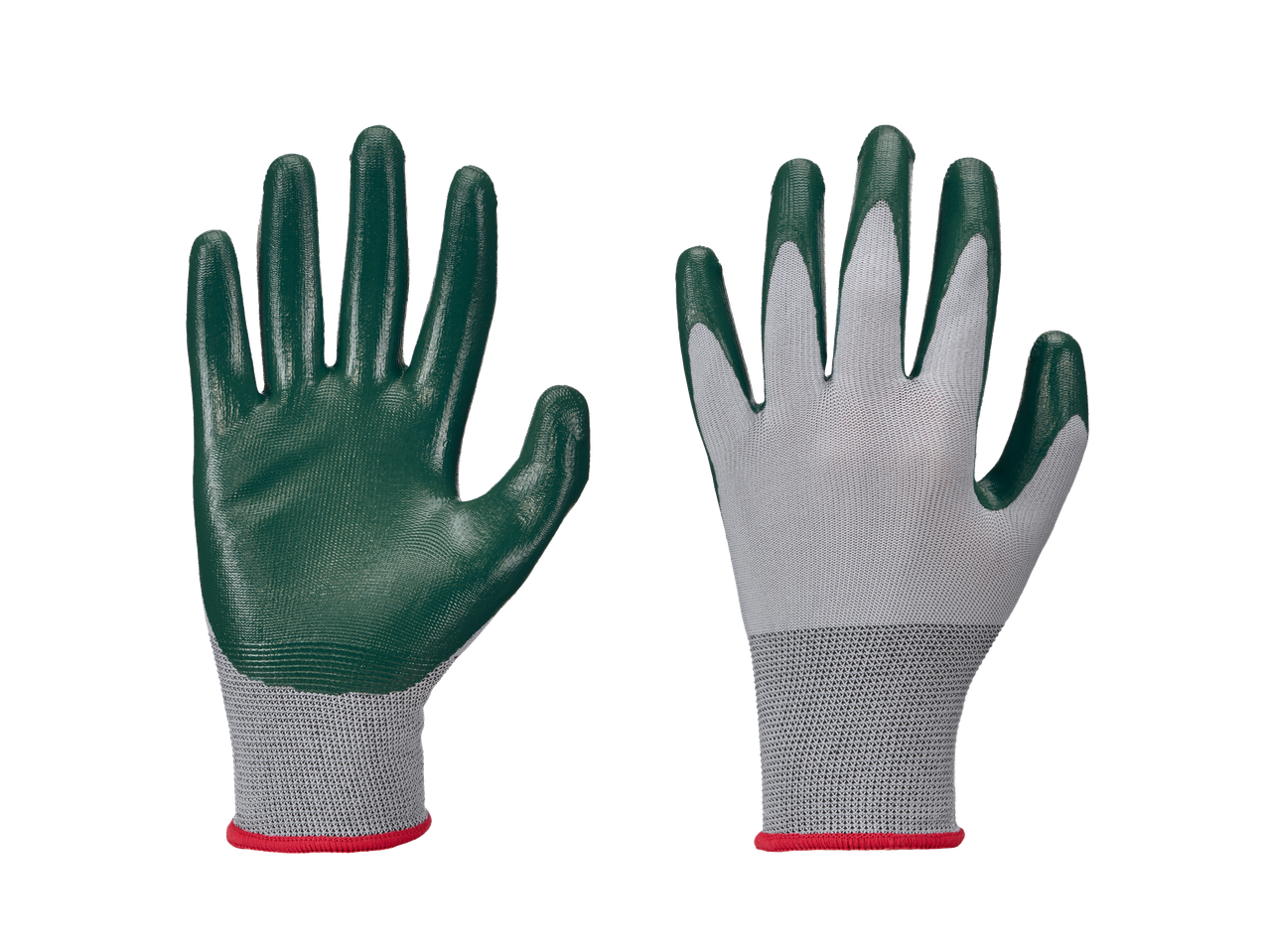Pair of green and grey work gloves, one showing the palm and the other the back.