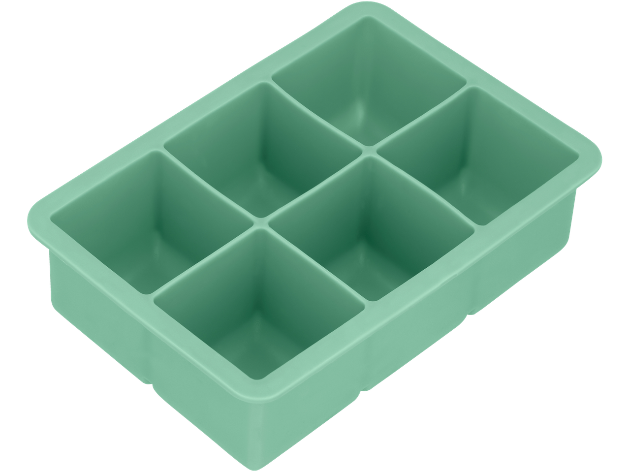 Tabuleiro de cubos de gelo de silicone verde menta com seis compartimentos.
