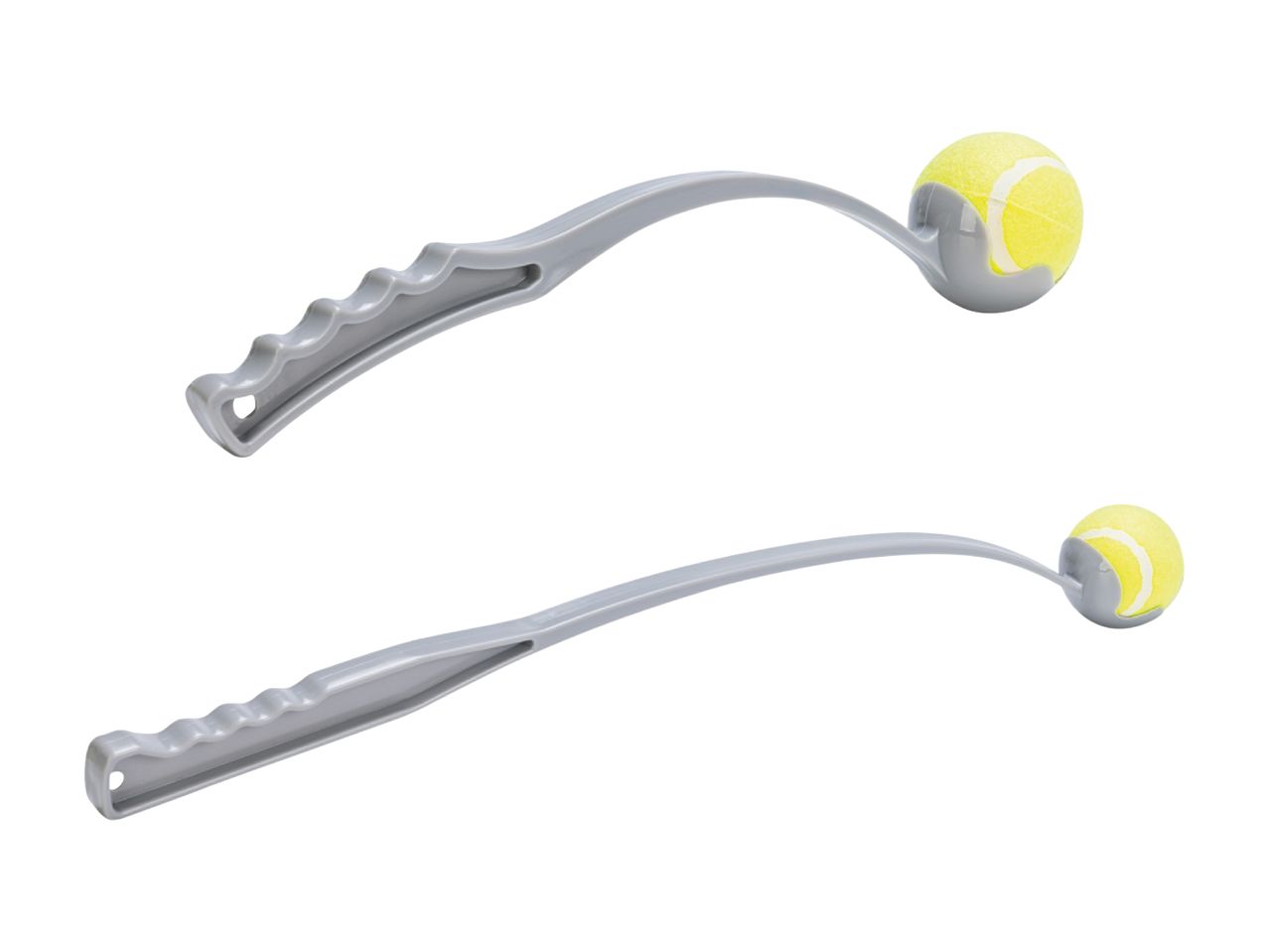 To grå plastik tennisboldopsamler med gule tennisbolde.
