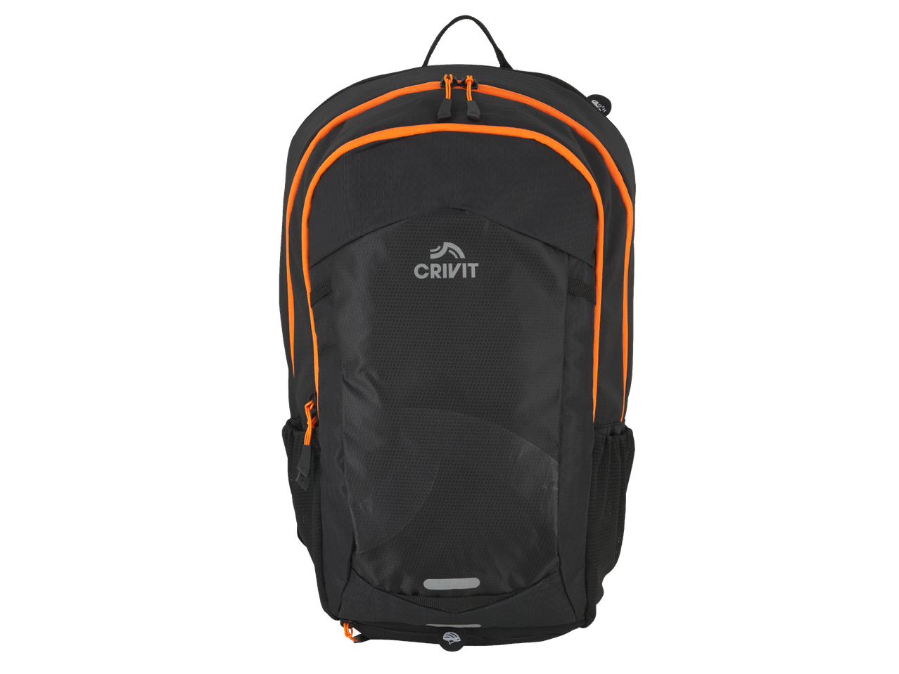 Черна раница с оранжеви акценти и светлоотразителни елементи.