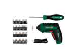 Set șurubelniță fără fir PARKSIDE cu diverse biți, șurubelniță manuală și cablu de încărcare.