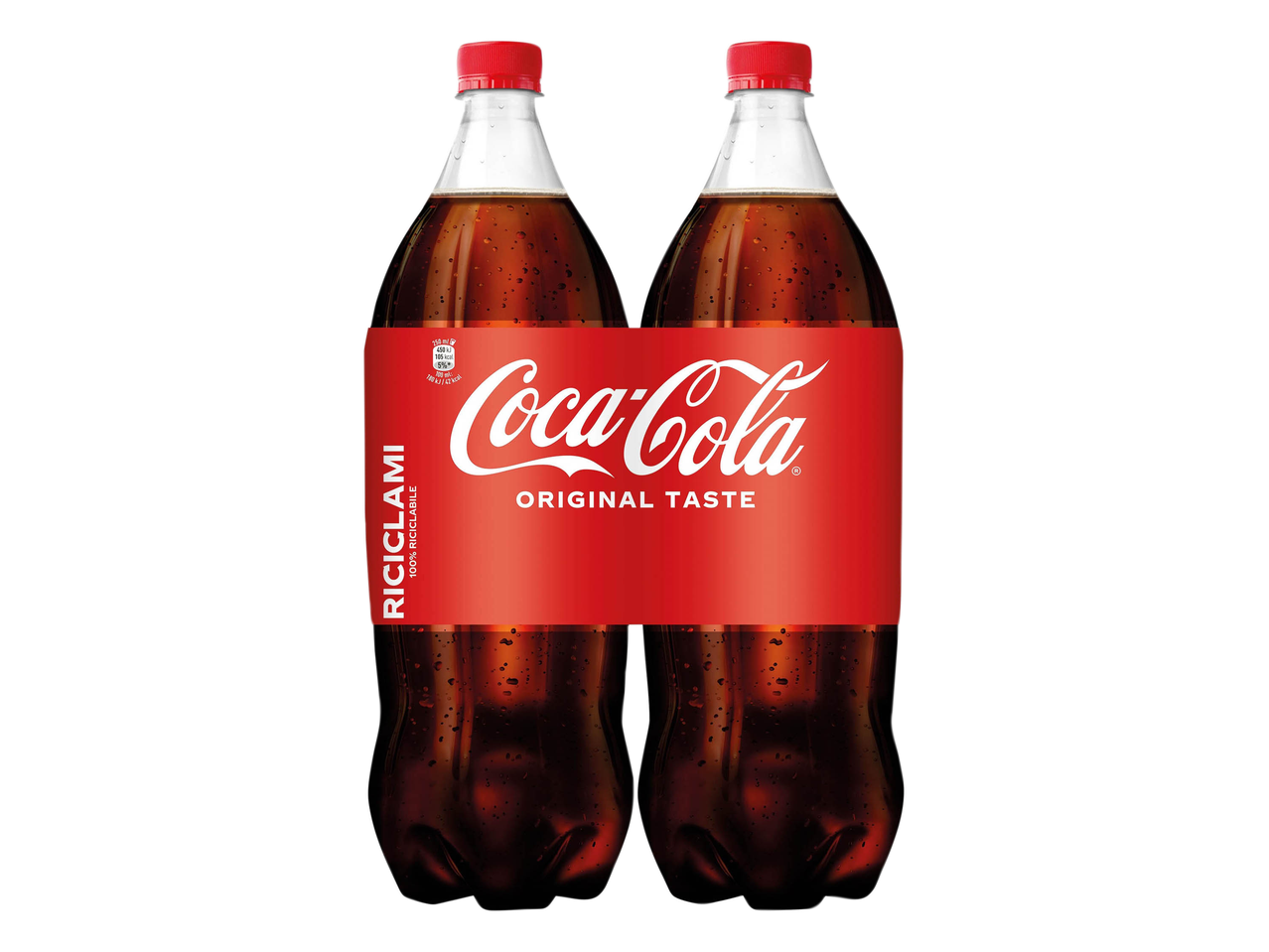 Due bottiglie di Coca-Cola Original Taste con etichetta rossa su sfondo nero.