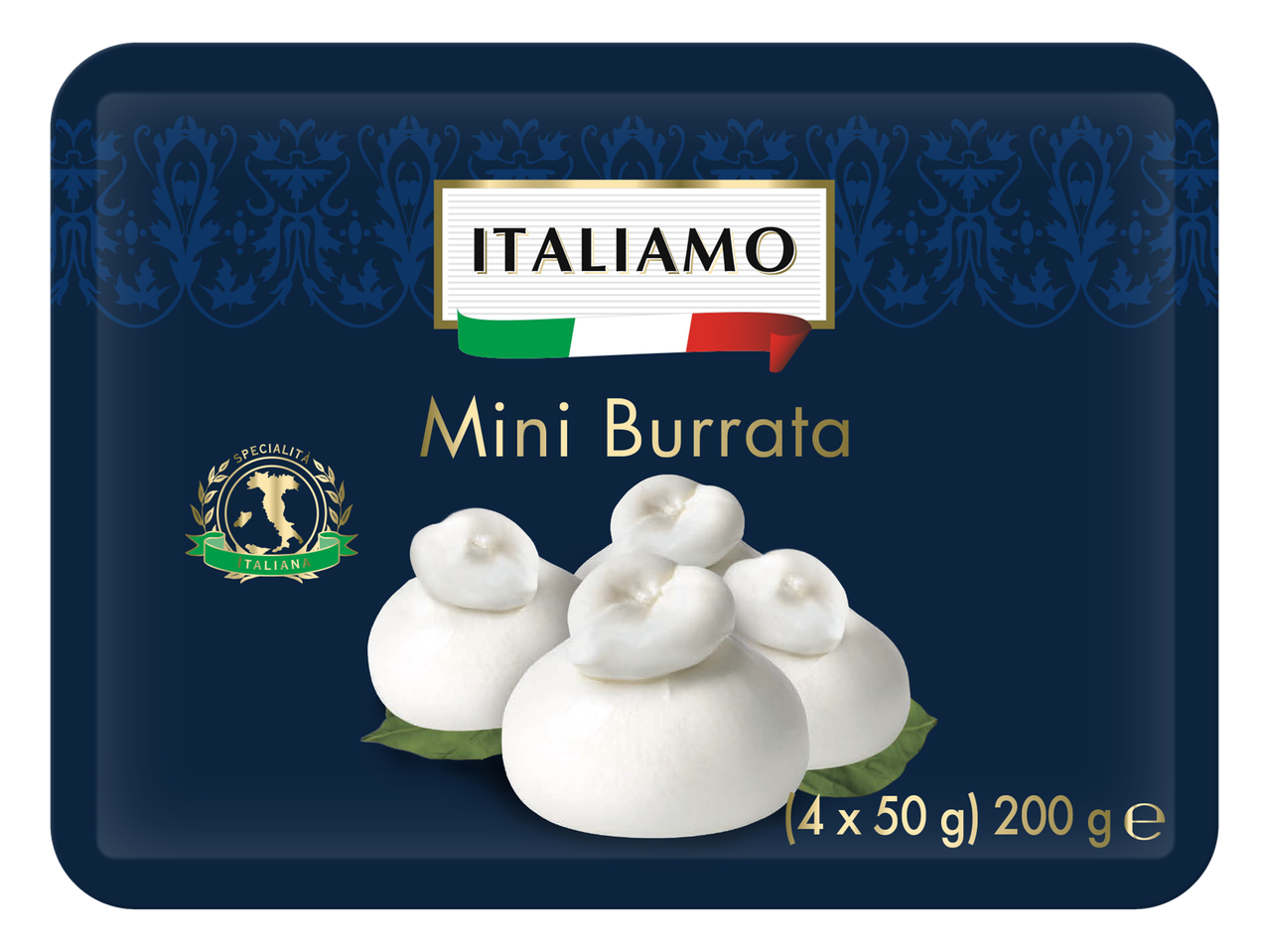 ITALIAMO Mini Burrata-förpackning visar fyra små burrata-bollar.