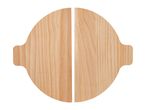 Two light wood cutting boards, shaped like half circles, side by side on a white background.