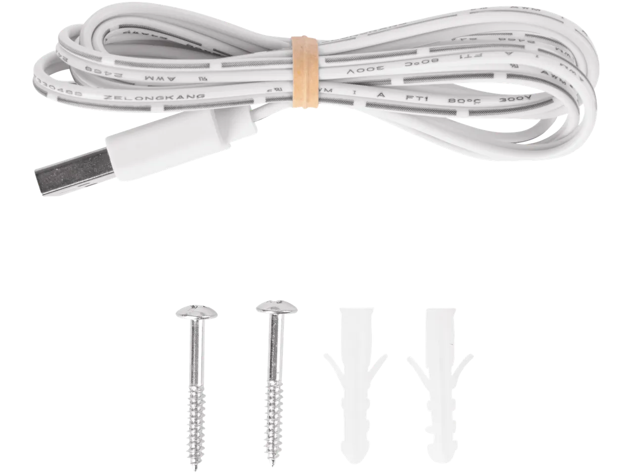 Cabo USB, parafusos e buchas inclusos.