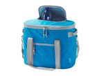 A blue insulated cooler bag with gray accents and a smaller compartment on top.