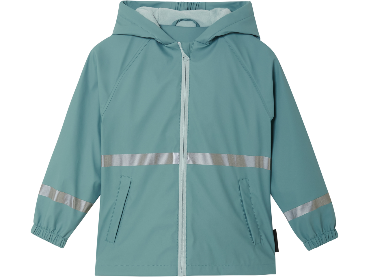 Žalsvai mėlynas vaikiškas lietpaltis su šviesą atspindinčiomis juostomis.