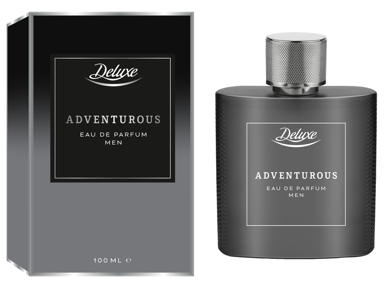 Deluxe Adventurous vyriški kvepalai, 100 ml, pilkoje pakuotėje ir buteliuke.