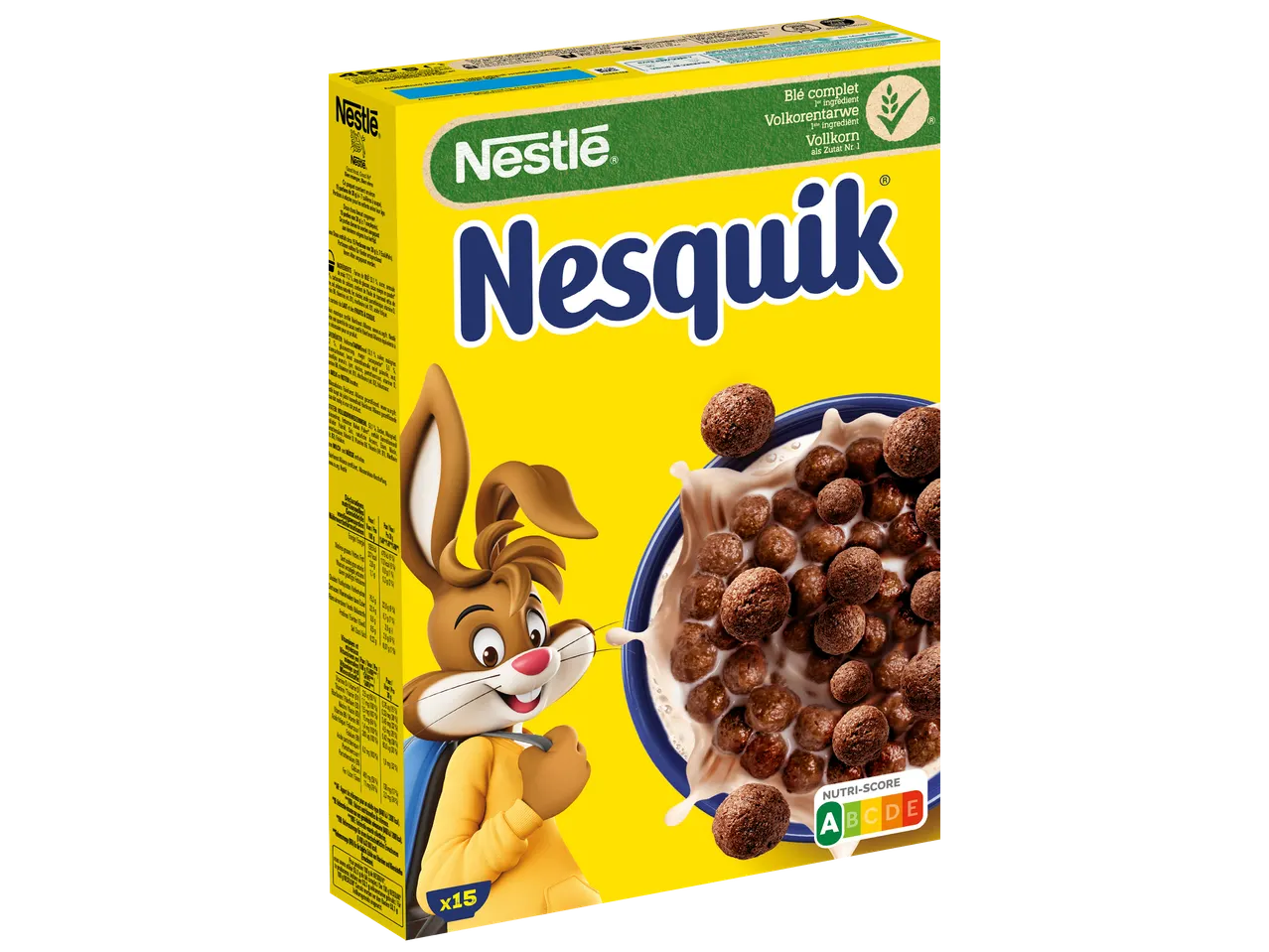 Boîte de céréales Nestlé Nesquik avec le lapin Nesquik et un bol de céréales.