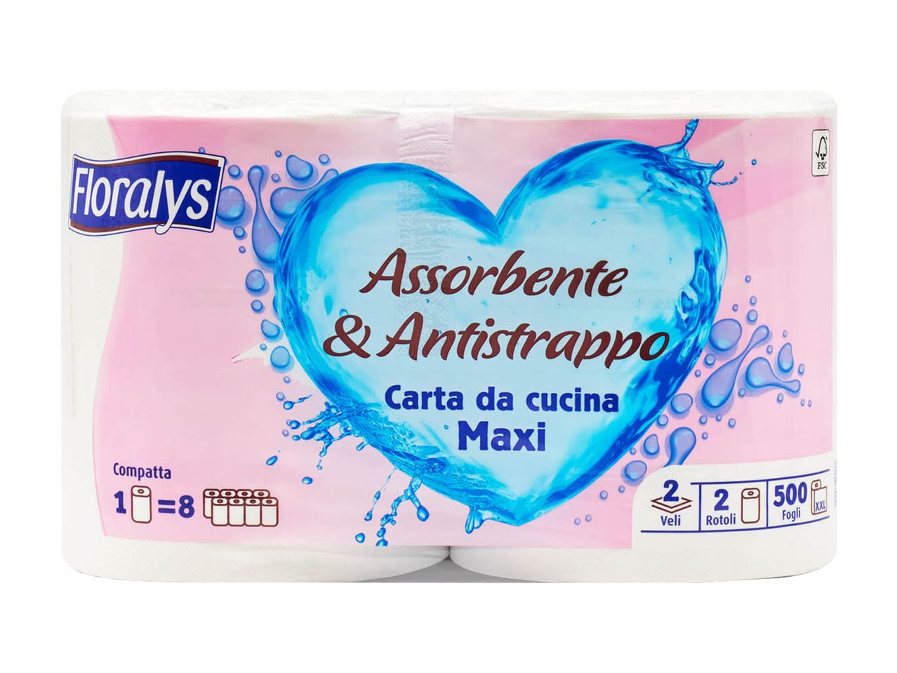 Due rotoli di carta da cucina Floralys Maxi, assorbente e antistrappo.