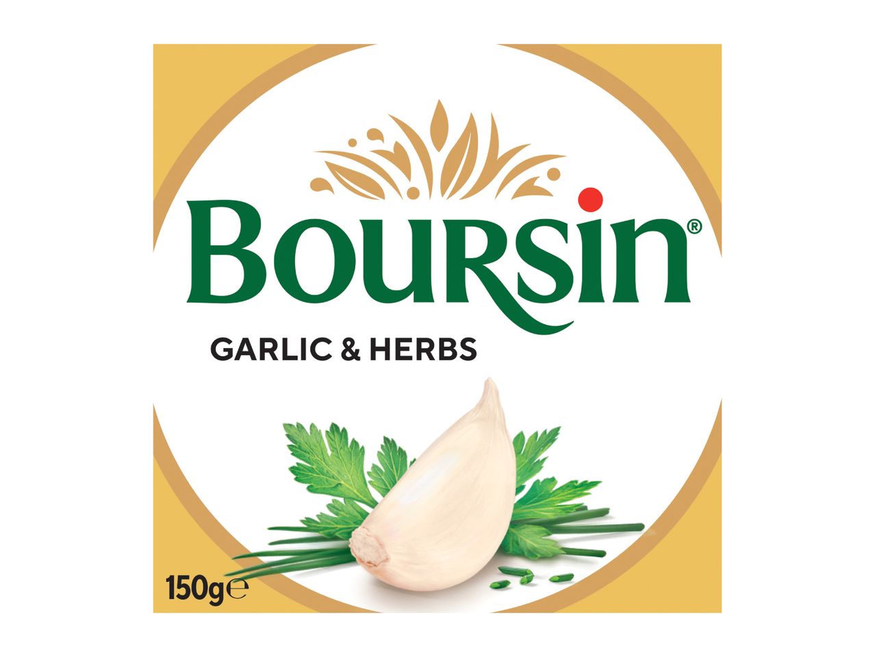 Boursin Garlic & Herbs cheese packaging with a garlic clove and herbs.