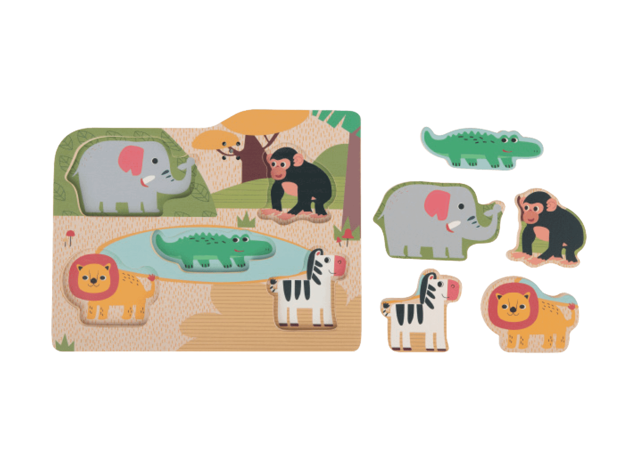 Medinis gyvūnų galvosūkis su drambliu, krokodilu, beždžione, liūtu ir zebru.