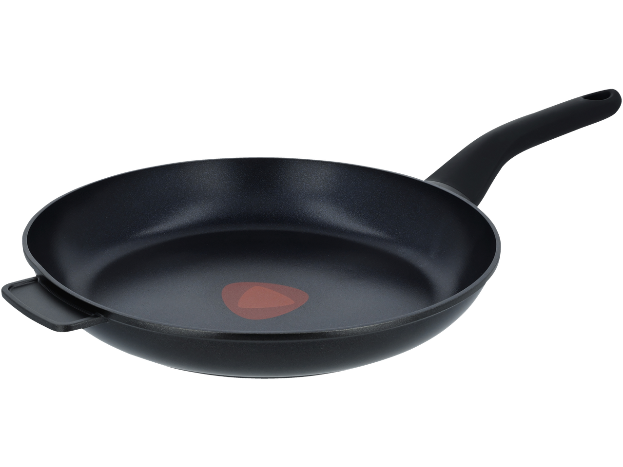 Black frying pan with a heat indicator in the center and a side handle.