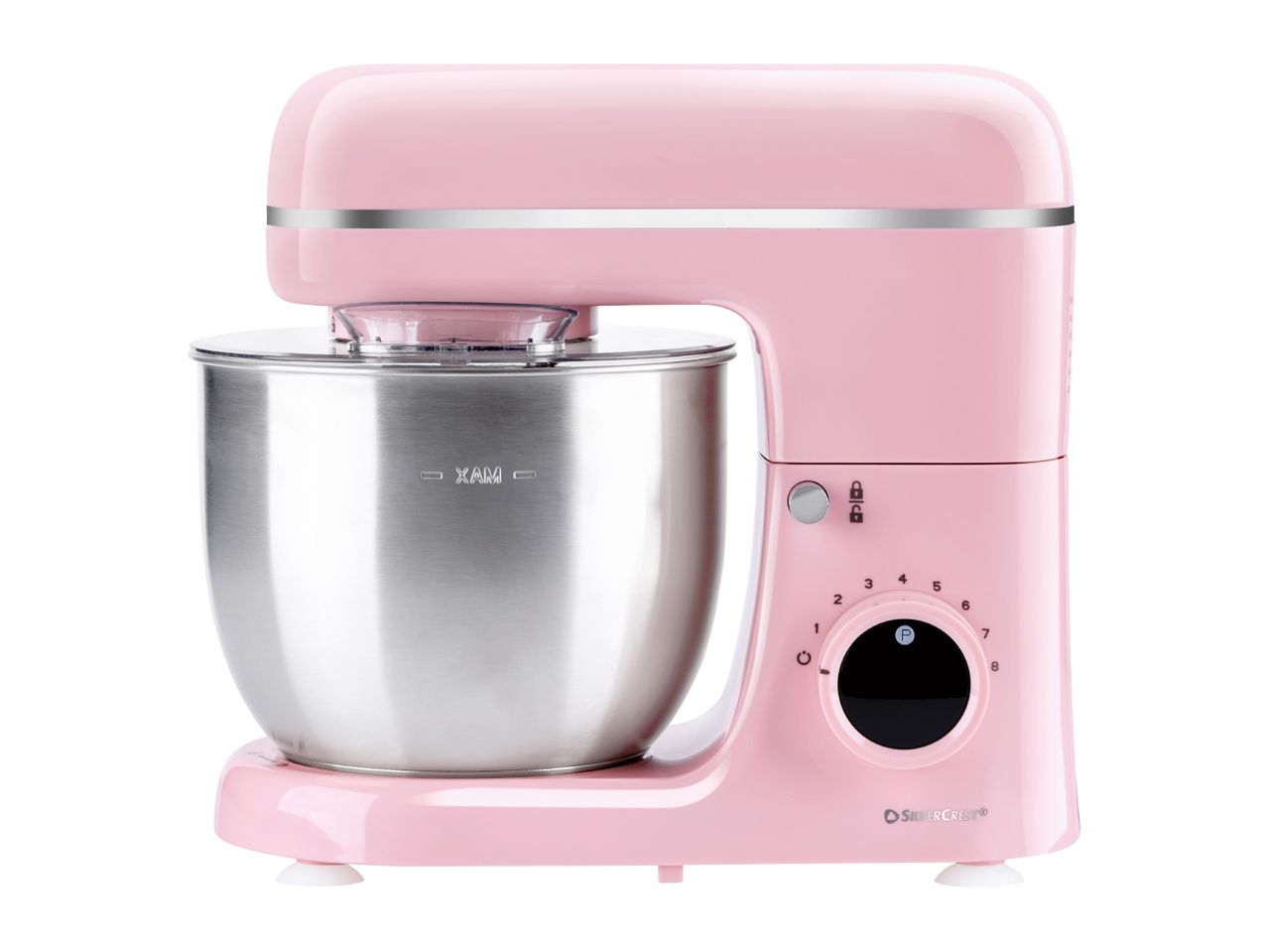 A pink SilverCrest stand mixer with a stainless steel bowl on a white background.