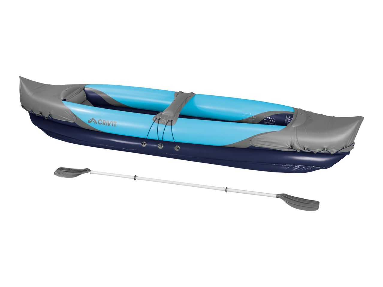 Inflatable kayak in blue and dark blue with a gray cover, accompanied by a paddle.
