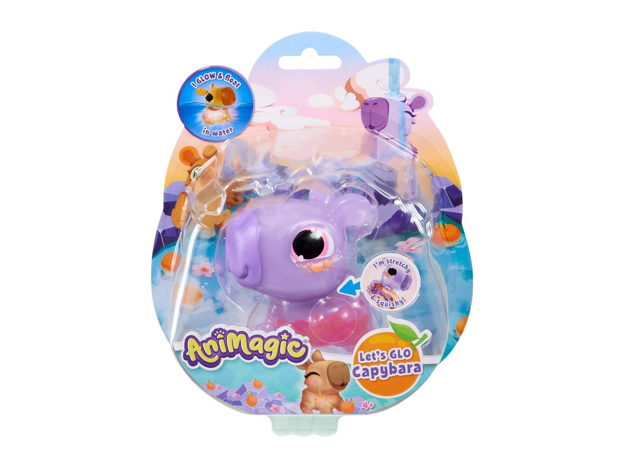 A purple capybara toy in packaging, labeled 'I glow & float in water' and 'I'm stretchy & squishy!'