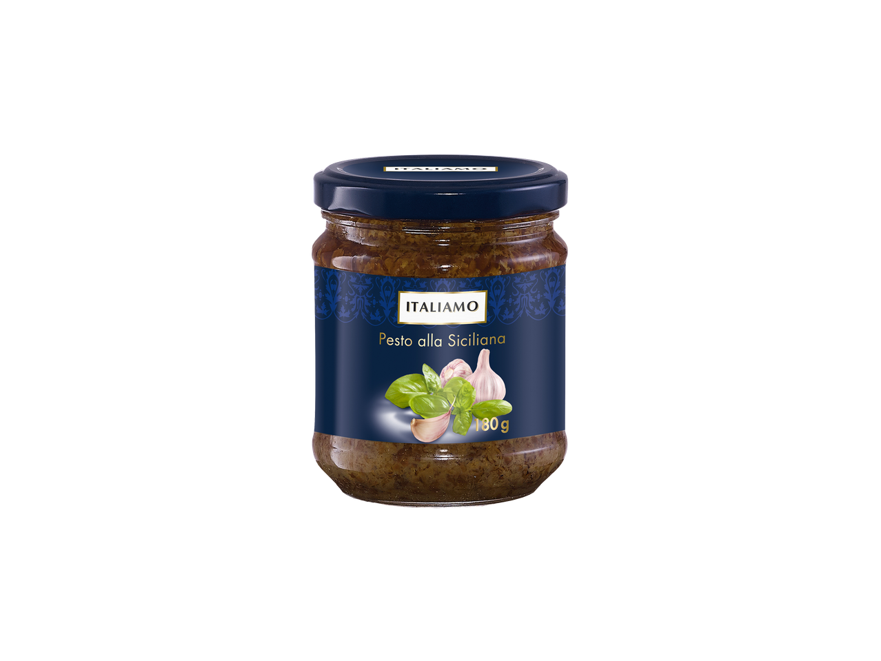 Un pot de pesto alla Siciliana avec du basilic et de l'ail, 180g.