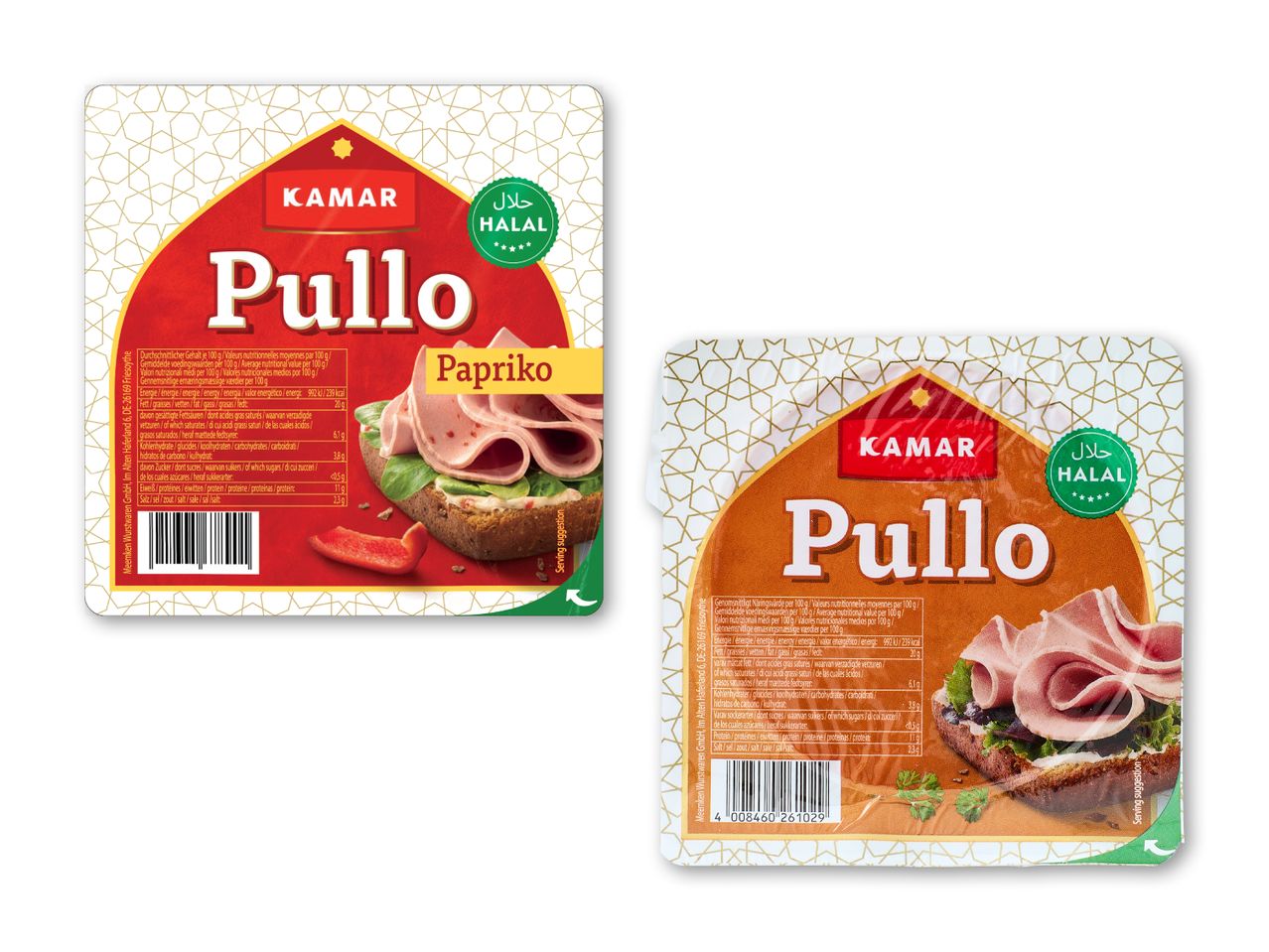 To pakker halal kyllingepålæg med paprika, der viser ernæringsoplysninger og serveringsforslag.