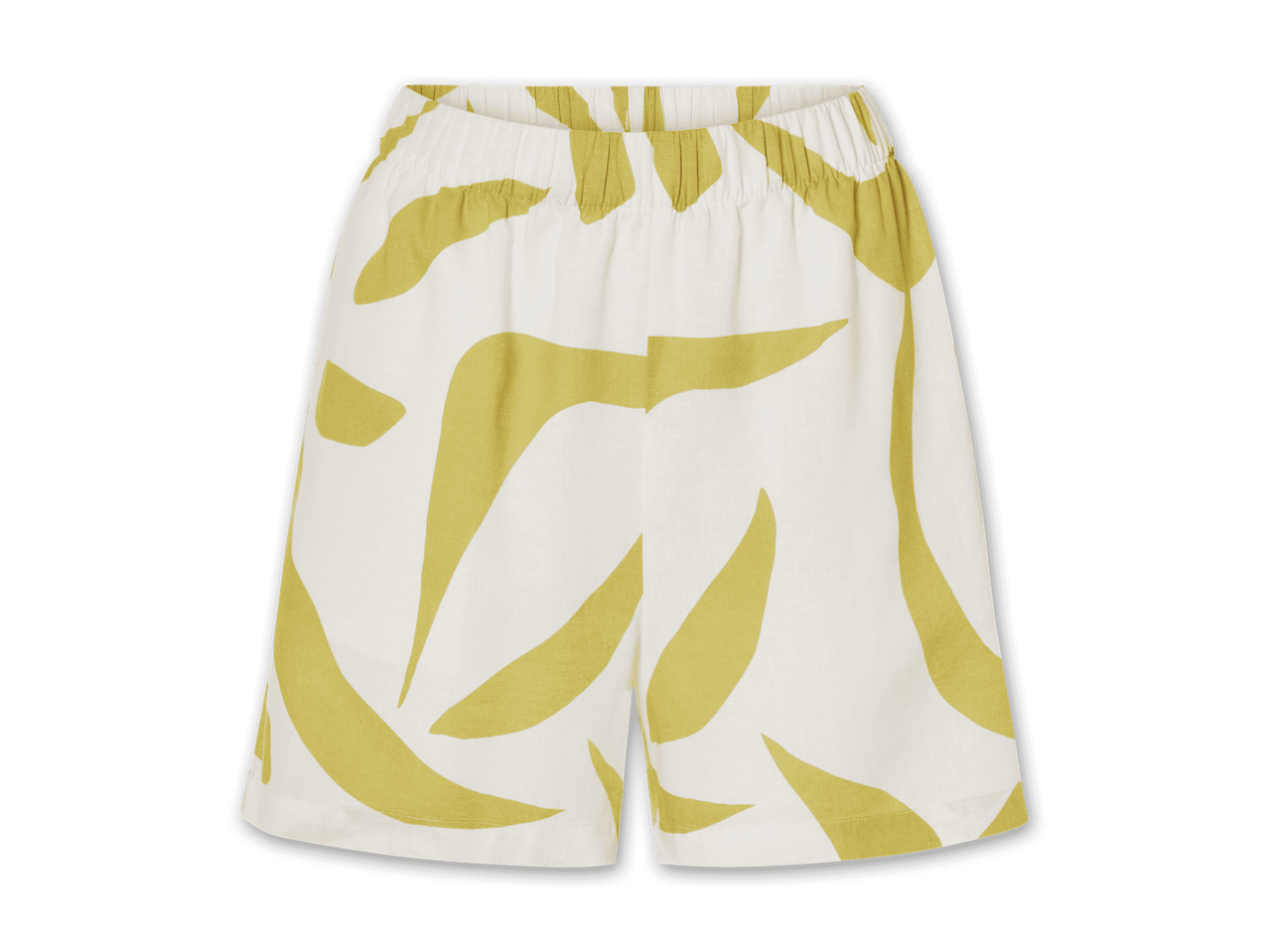 Kurze, beige Shorts mit abstraktem Muster.