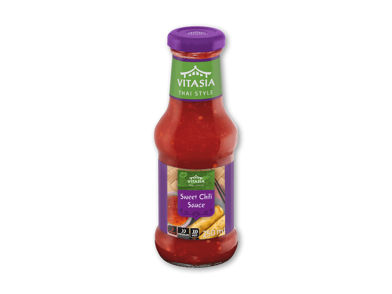 En flaske sød chilisauce i thailandsk stil, mærket som medium styrke, 250 ml.