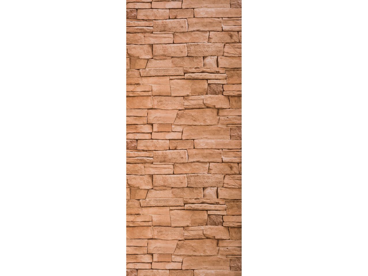 A vertical section of a wall made of light brown, irregularly shaped stone blocks.