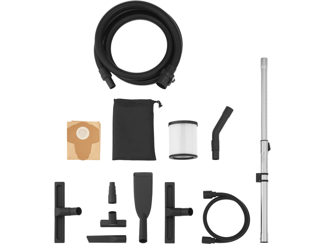 Vacuum cleaner replacement parts: hose, filter, bags, and attachments.