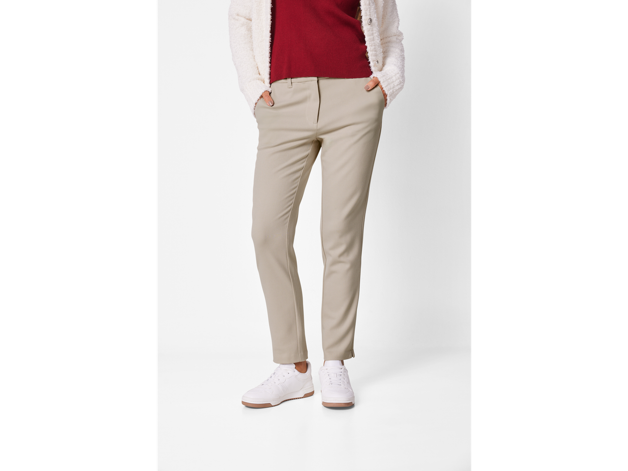 Esmara ladies' wide leg trousers in beige, paired with a red top and white cardigan.