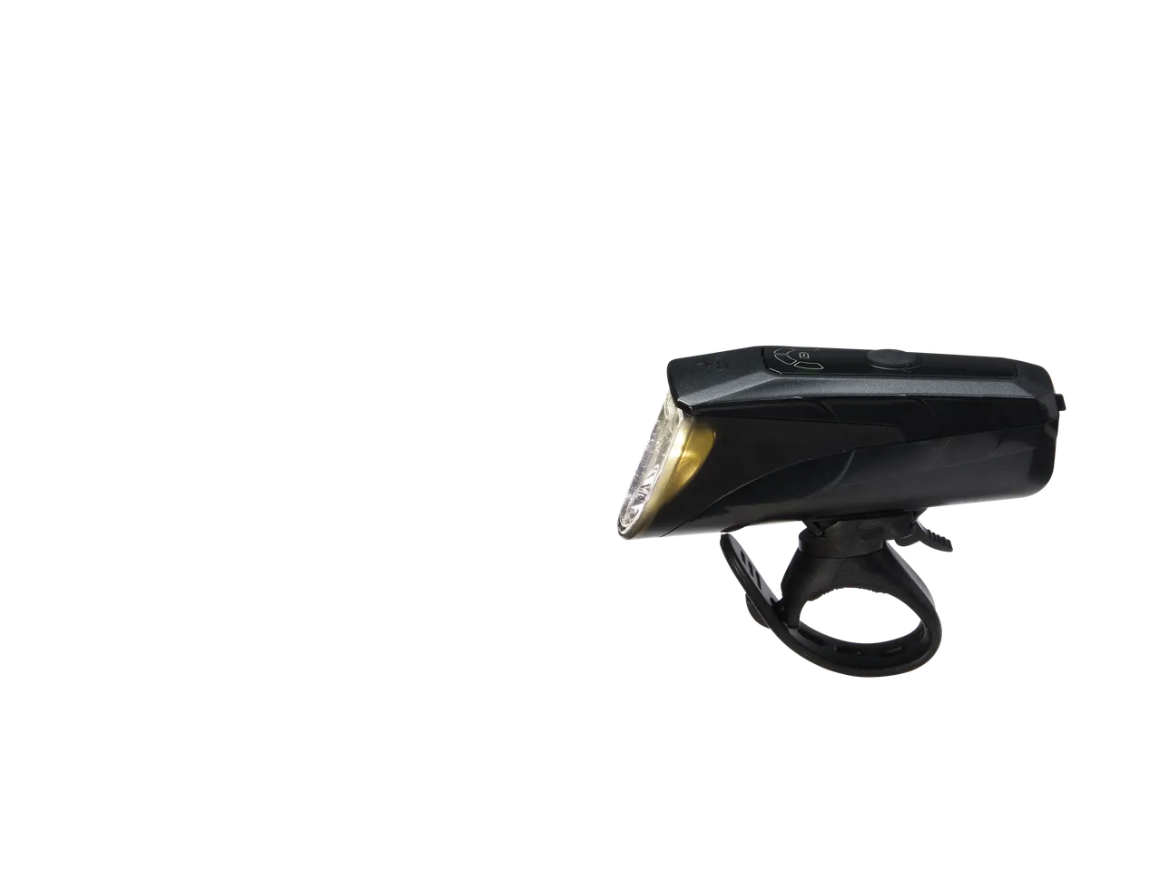 Luz de bicicleta preta com luz amarela brilhante sobre fundo preto.