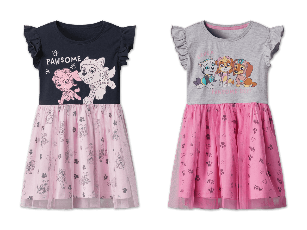 Zwei Paw Patrol Kleider für Mädchen, eines dunkelblau und eines grau, mit Tüllrock.
