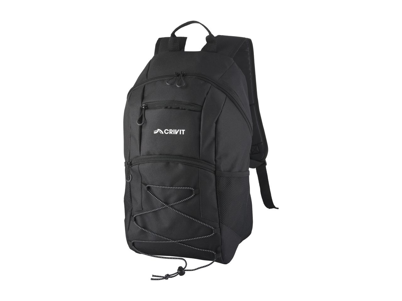 Black sports backpack with elastic cord on the front