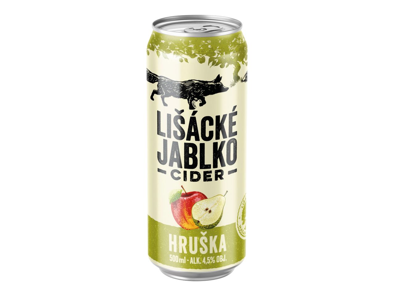 Plechovka Lišácké Jablko cideru s příchutí hrušky.