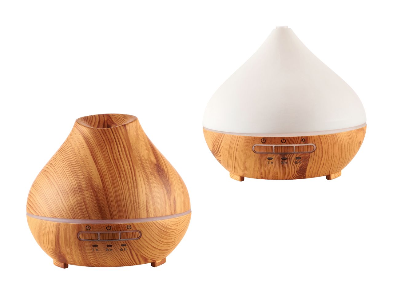 To aromadiffusere, en i træ og en i hvid, med timerindstillinger.