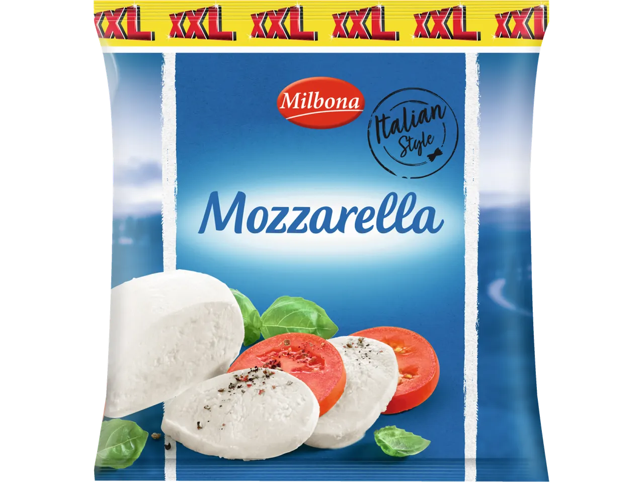 Embalagem de Mozarella Milbona estilo italiano, fatias de queijo com tomate e manjericão.