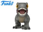 Grey dinosaur toy with yellow eyes and open mouth, featuring a stylized logo.