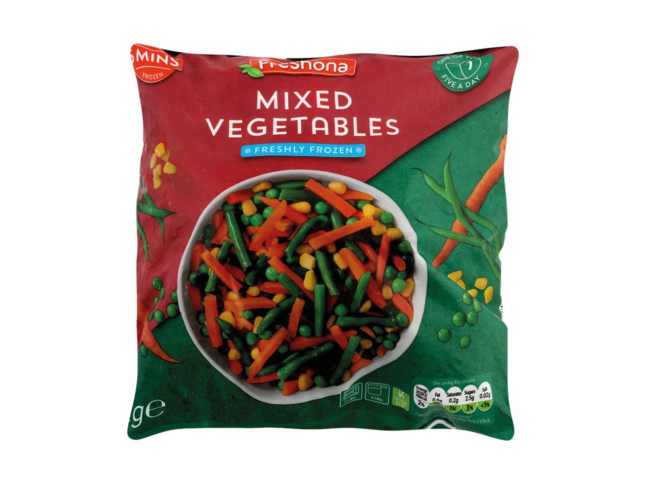 Freshona Mixed Vegetables, frozen, with carrots, peas, and green beans.