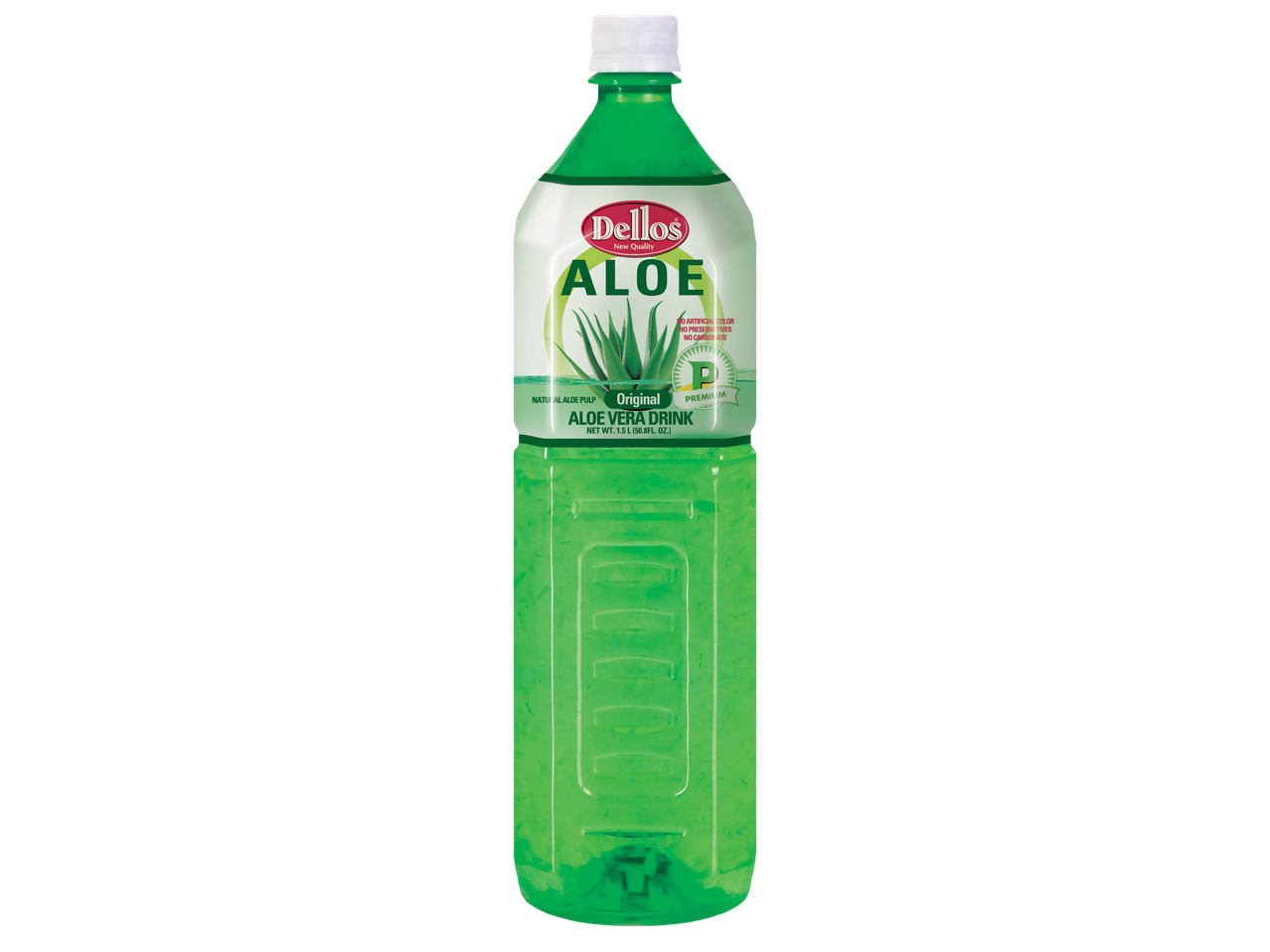 Бутилка напитка от алое вера с надпис 'Original Aloe Vera Drink' и 'Premium'.