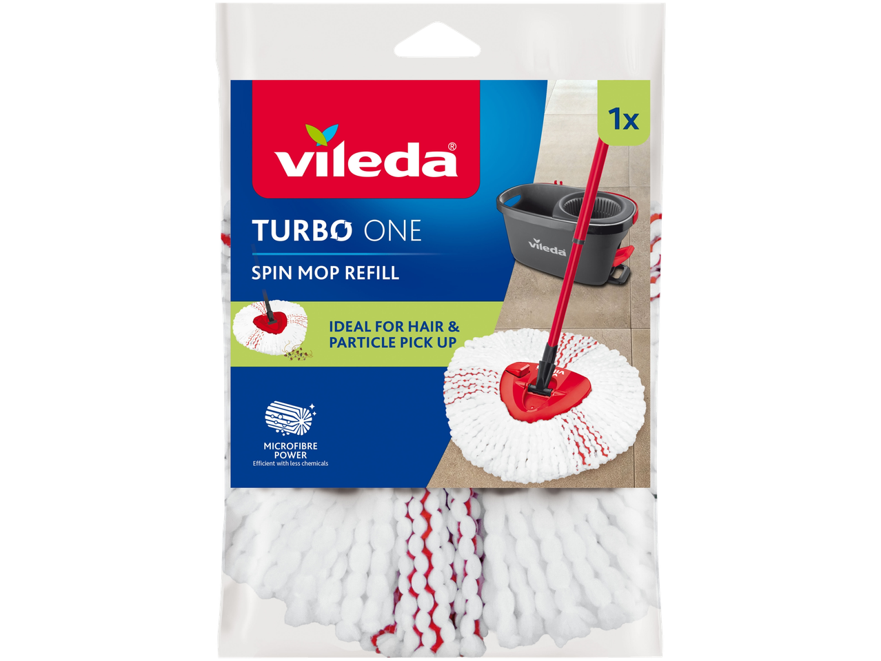 Vileda Turbo ONE Spin Mop Navulling, ideaal voor haar- en vuildeeltjesopname, met microvezelkracht.