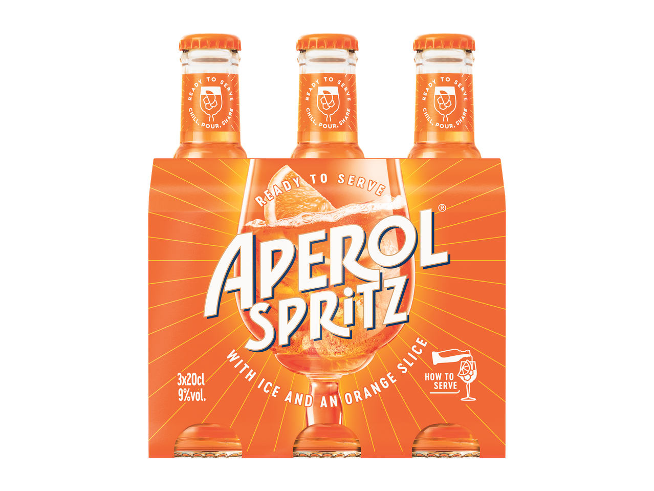 Pachet de trei sticle de băutură spritz gata de servit, cu gheață și o felie de portocală.