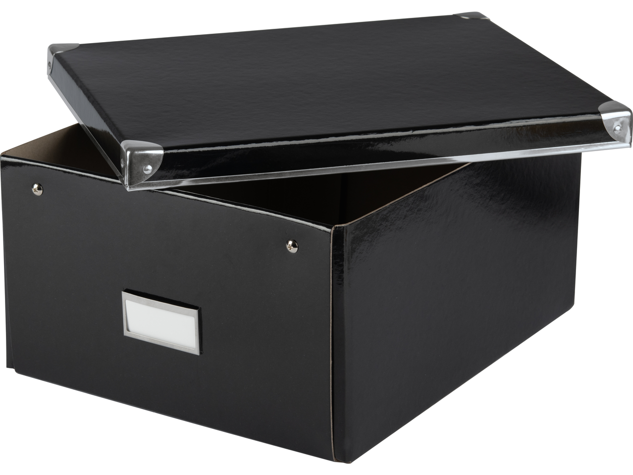 Melna uzglabāšanas kaste ar atvērtu vāku.