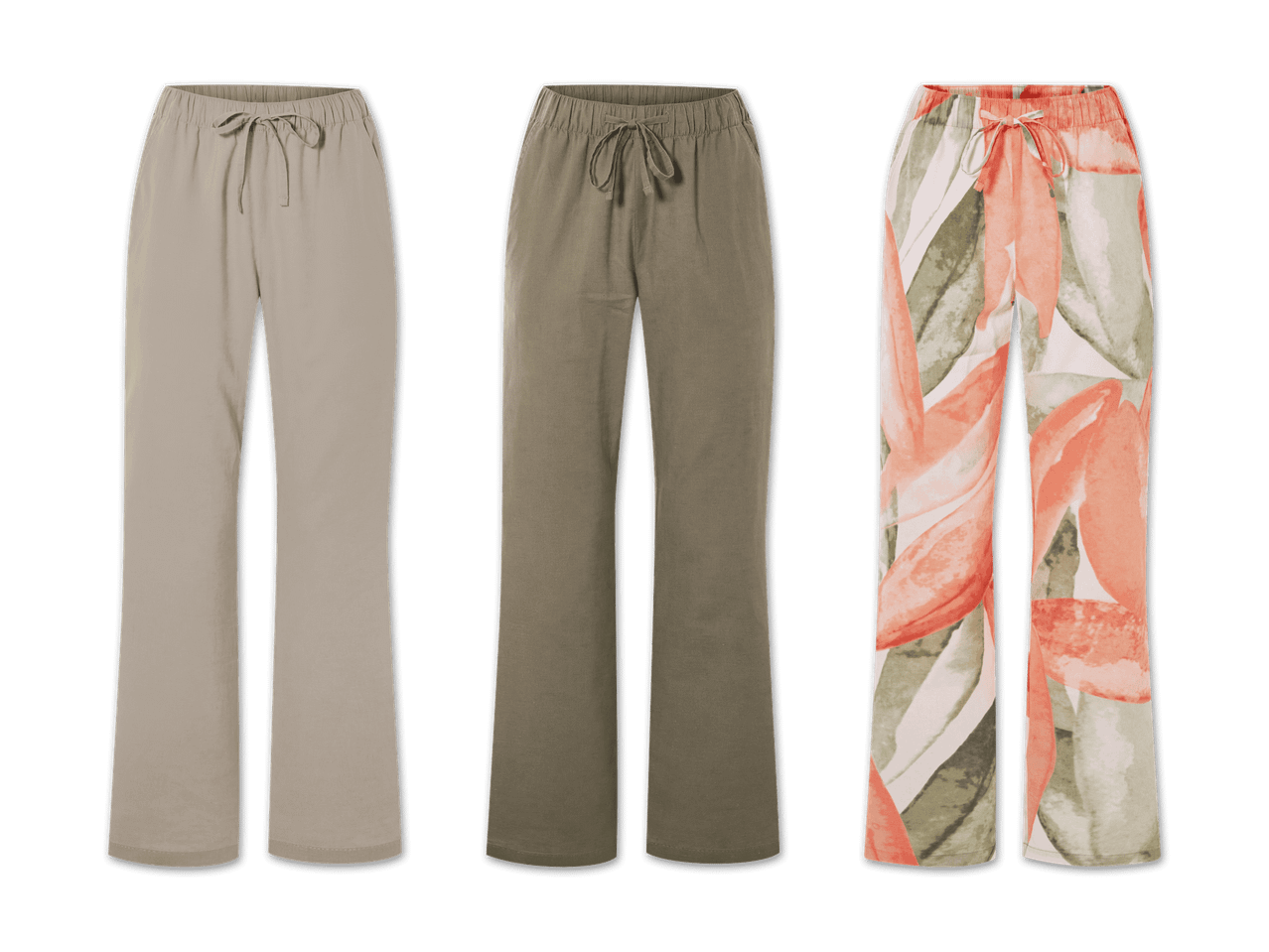 Drei weite Hosen: eine beige, eine olivgrüne und eine mit floralem Muster.