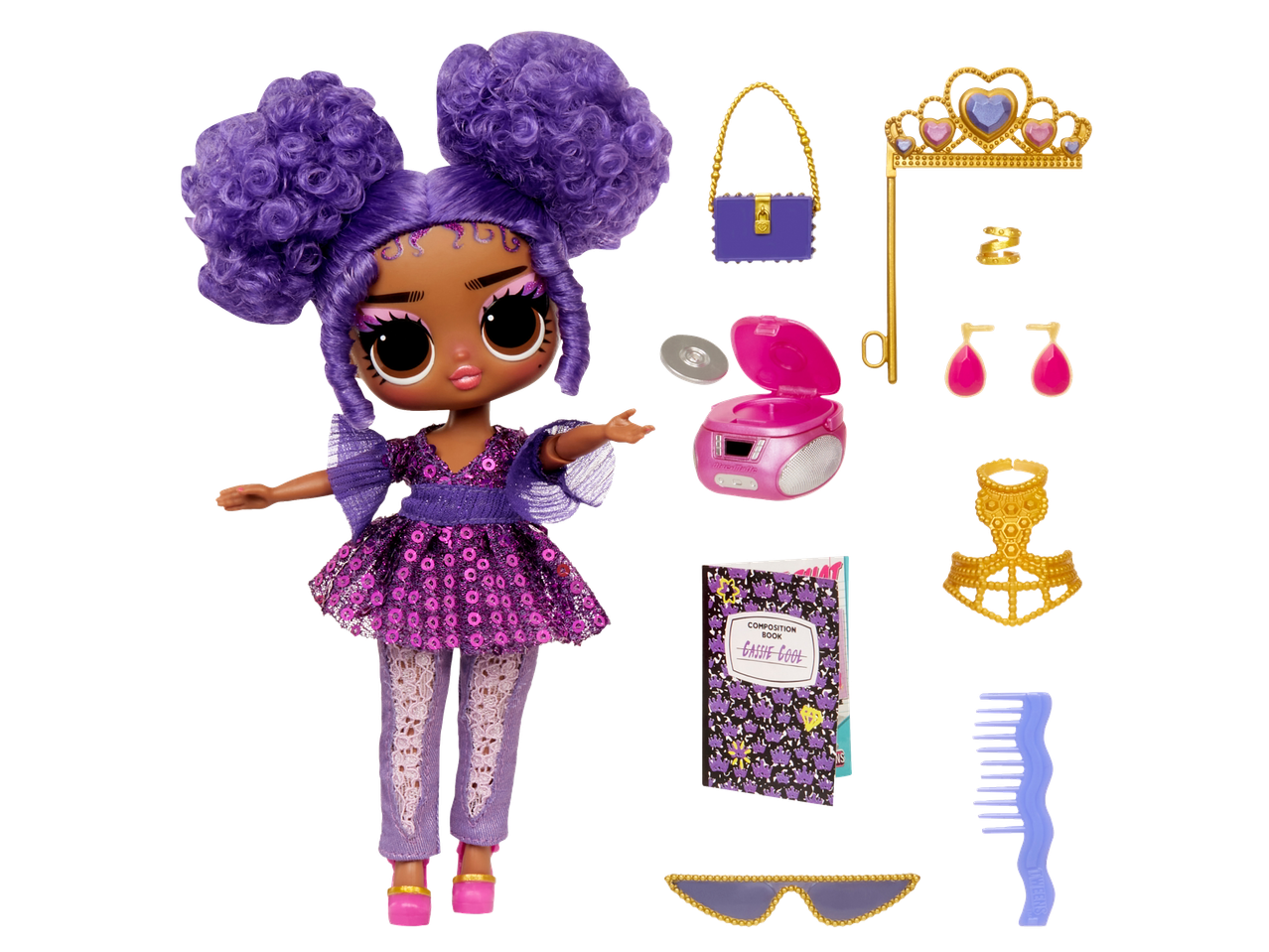 L.O.L. lėlė su purpuriniais plaukais, suknele ir aksesuarais: rankine, tiara, grotuvu.